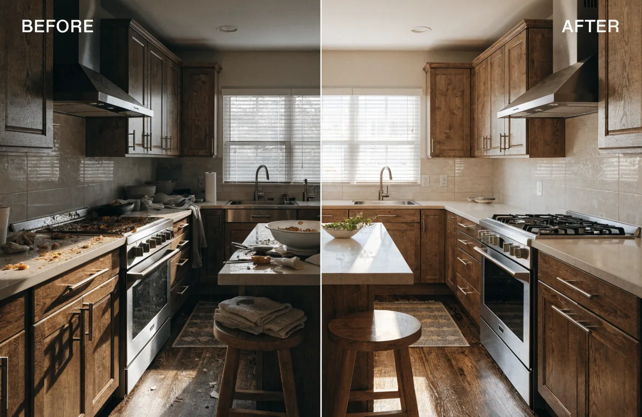 Kitchen before and after AYA cleaning