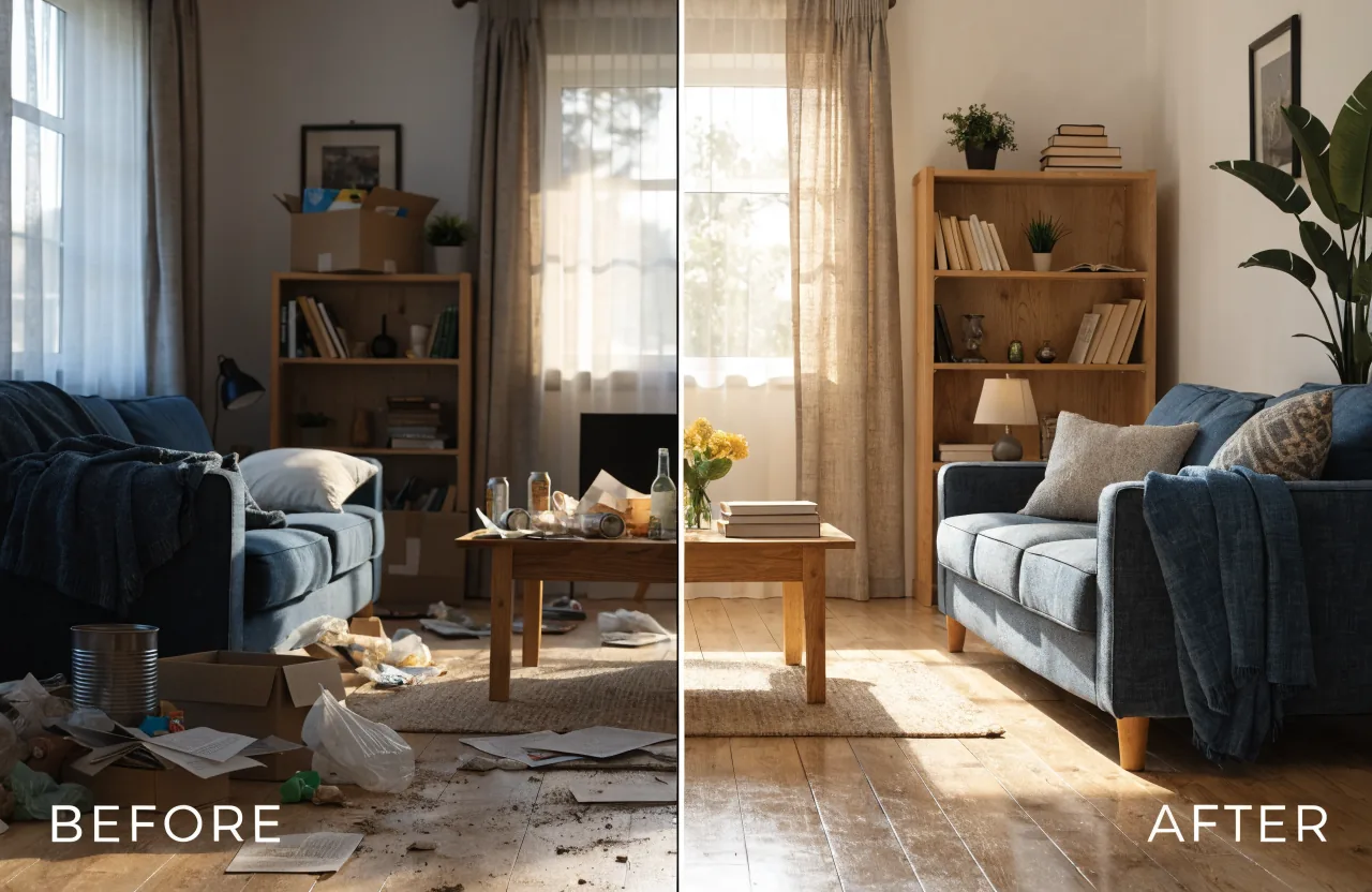 Living room before and after AYA cleaning
