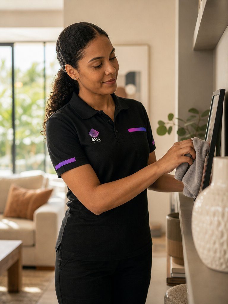 An AYA cleaner carefully wiping a picture frame