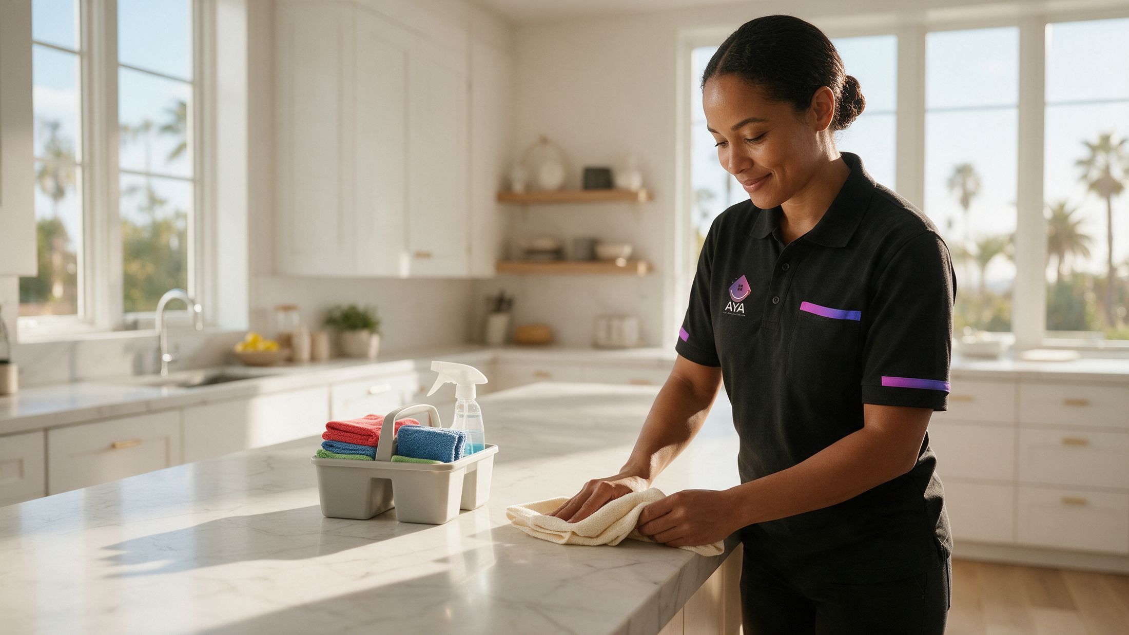 An AYA cleaner wiping a kitchen island, a caddy of color-coded cloths beside her