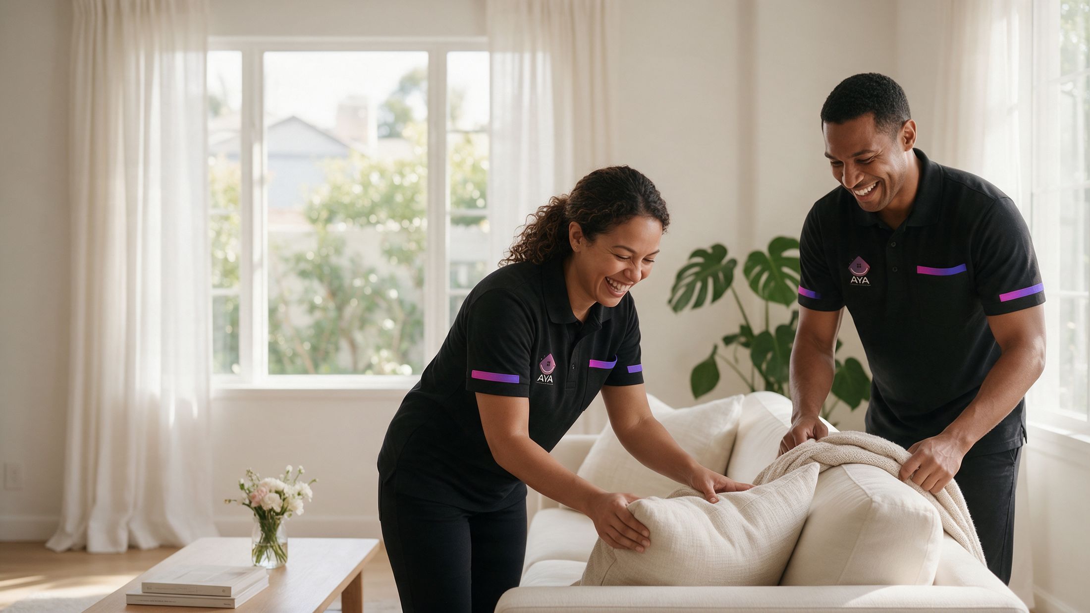 Two AYA cleaners laughing as they finish a spotless living room